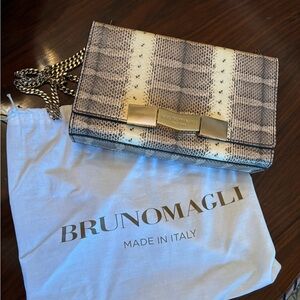 Bruno Magli Snake-Embossed Crossbody in Beige and Brown with Gold Hardware